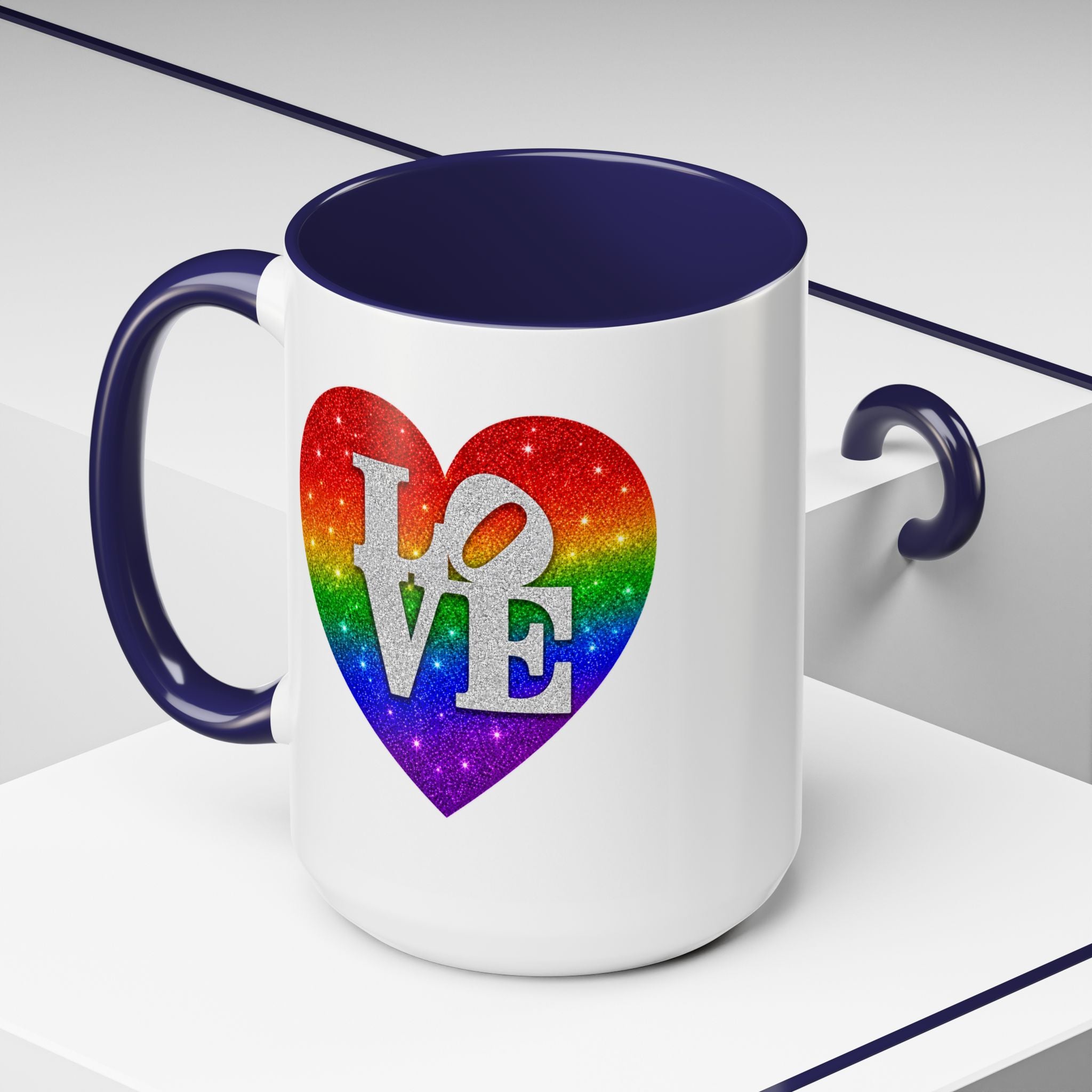 Rainbow LOVE Jewel Heart White Coffee Mug – Luxury Glitter Heart Mug | Premium Sparkling Rainbow LOVE Design