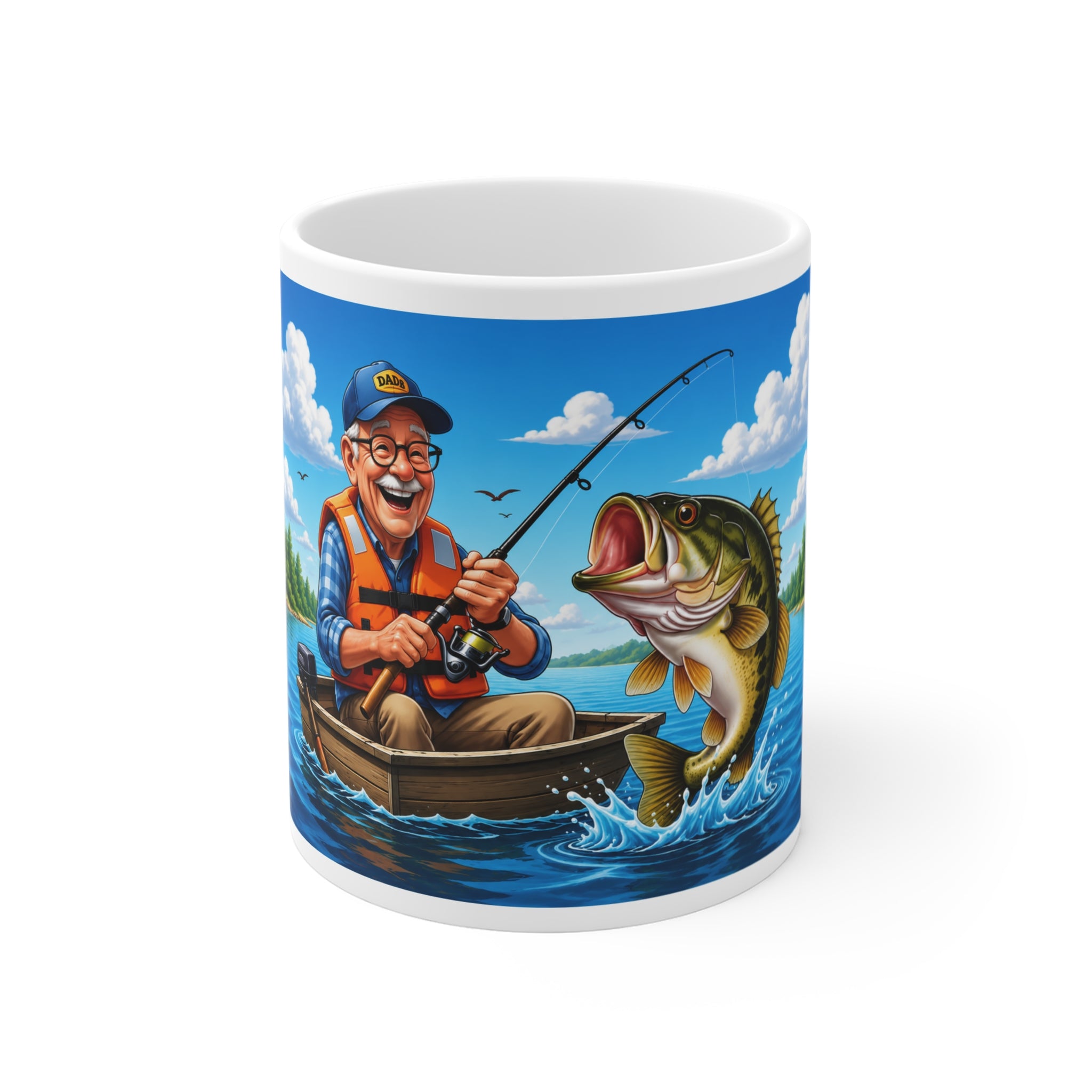 The Fugly Mugly™ Happy Fisherman White Mug | Fishing Artwork Coffee Mug