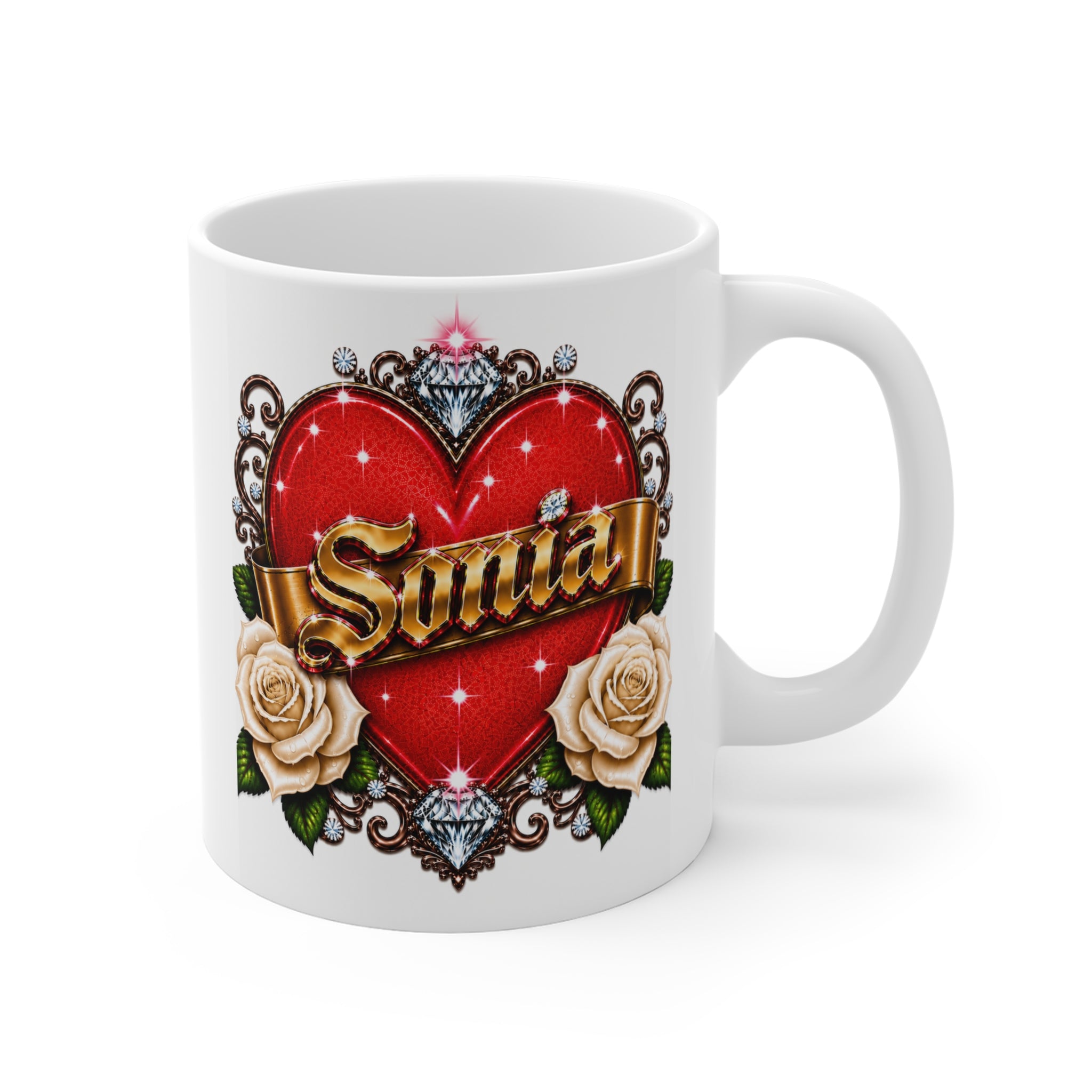 Sonia Personalized Heart & White Rose Luxury Coffee Mug – Elegant Custom Name Gift | Premium Ceramic Mug