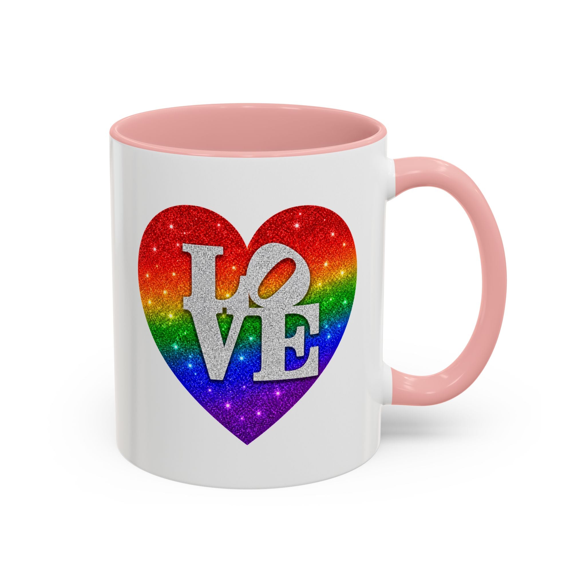 Rainbow LOVE Jewel Heart White Coffee Mug – Luxury Glitter Heart Mug | Premium Sparkling Rainbow LOVE Design