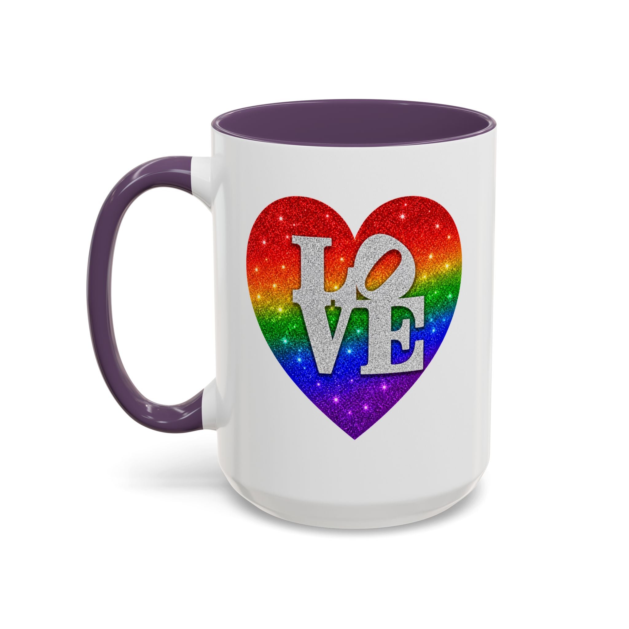Rainbow LOVE Jewel Heart White Coffee Mug – Luxury Glitter Heart Mug | Premium Sparkling Rainbow LOVE Design