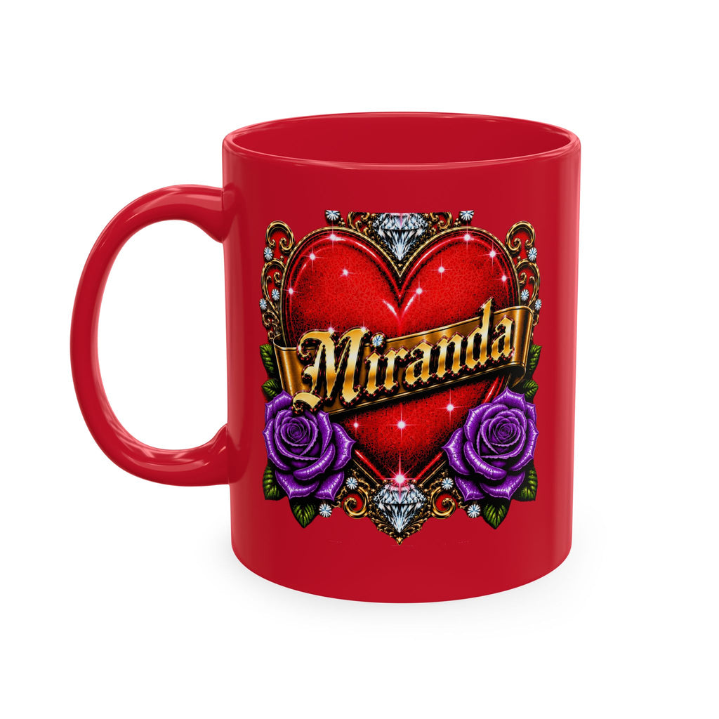 Luxury Personalized Miranda Red Accent Mug – Elegant Gold Heart, Purple Rose & Diamond Design | Premium Custom Name Coffee Mug Gift for Her