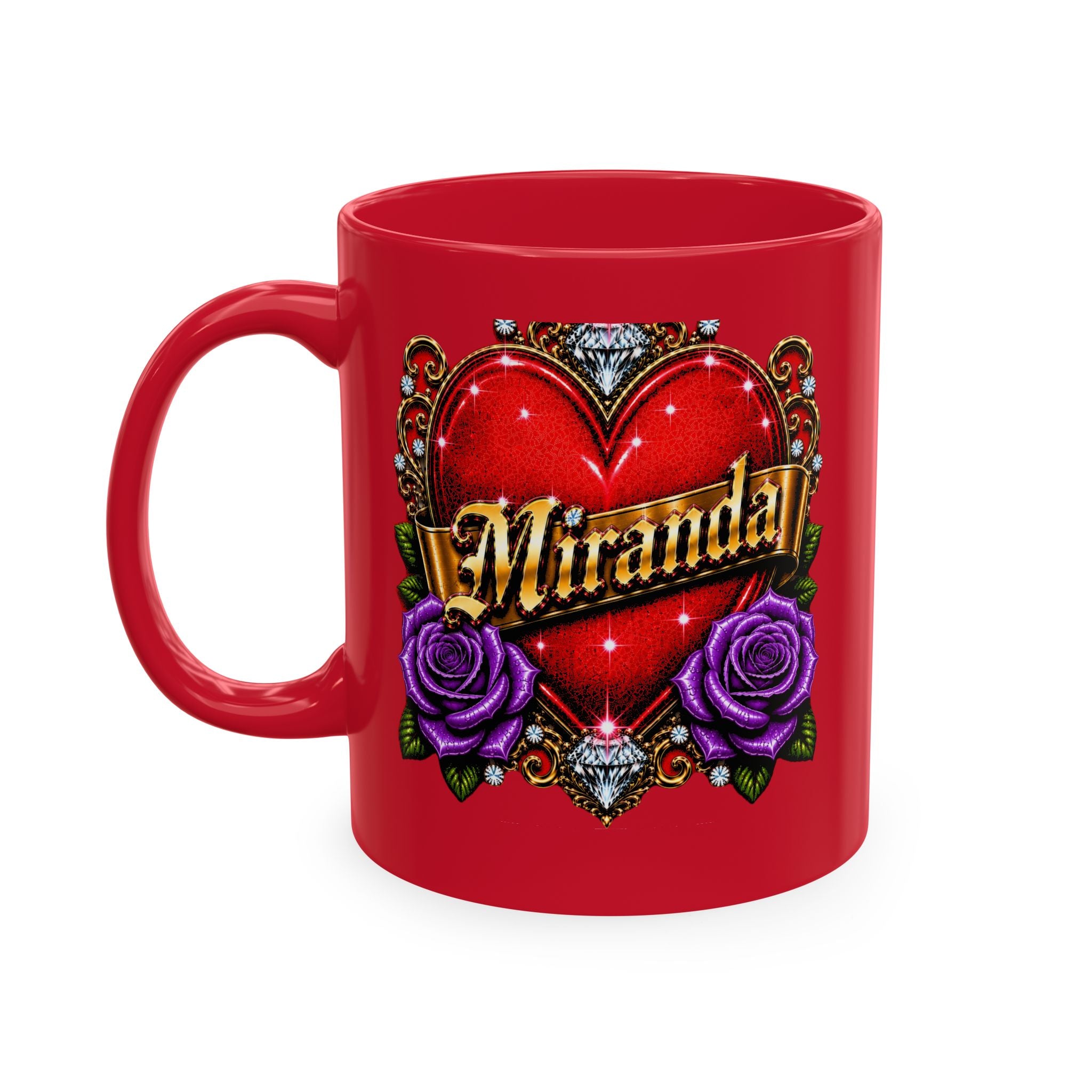 Luxury Personalized Miranda Red Accent Mug – Elegant Gold Heart, Purple Rose & Diamond Design | Premium Custom Name Coffee Mug Gift for Her