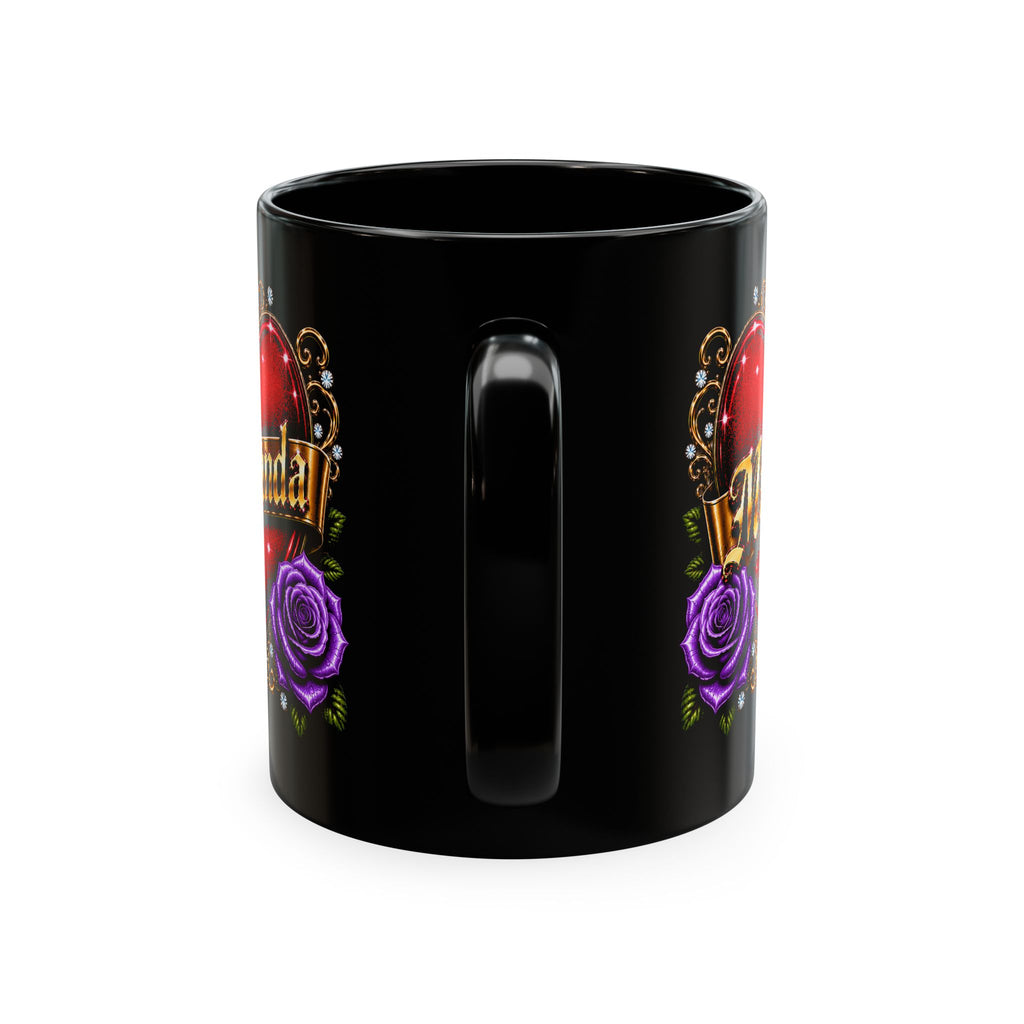 Luxury Personalized Miranda Black Accent Mug – Elegant Gold Heart, Purple Rose & Diamond Design | Premium Custom Name Coffee Mug Gift for Her