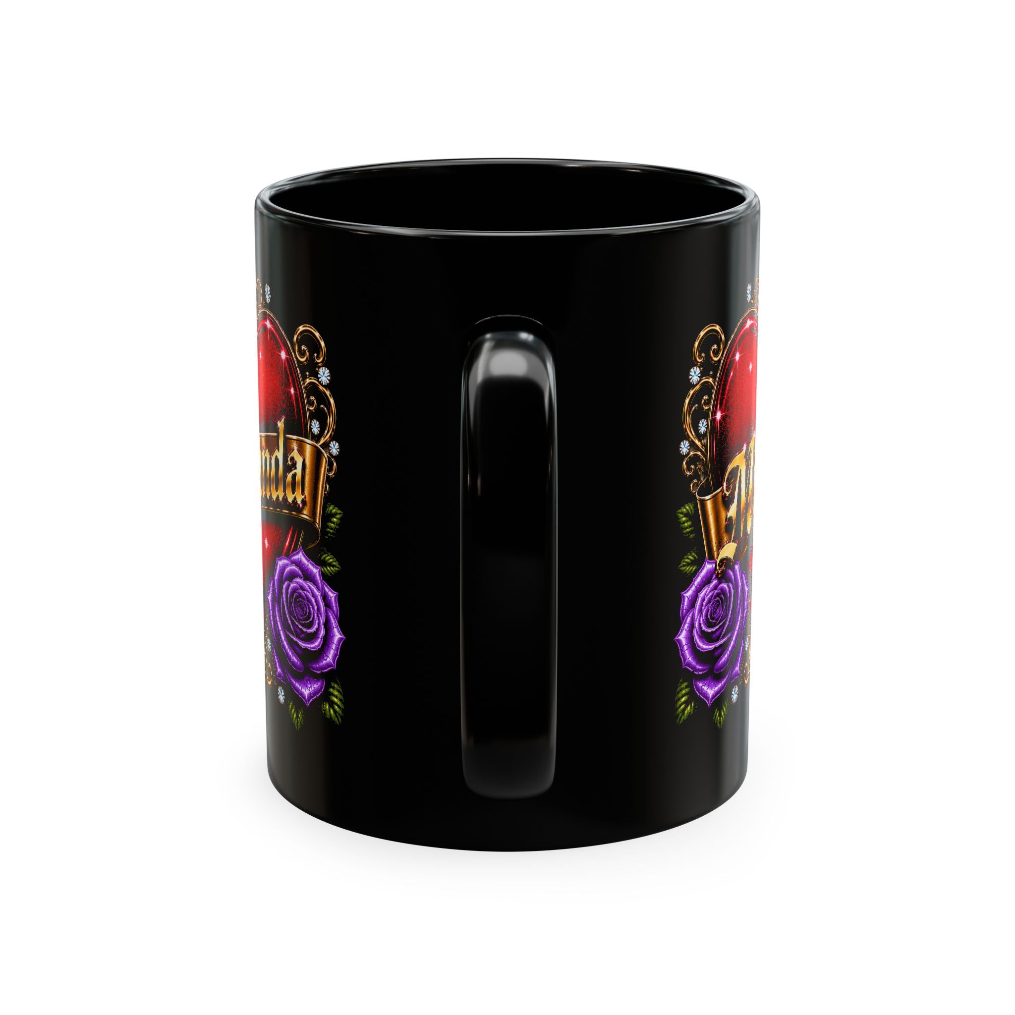Luxury Personalized Miranda Black Accent Mug – Elegant Gold Heart, Purple Rose & Diamond Design | Premium Custom Name Coffee Mug Gift for Her
