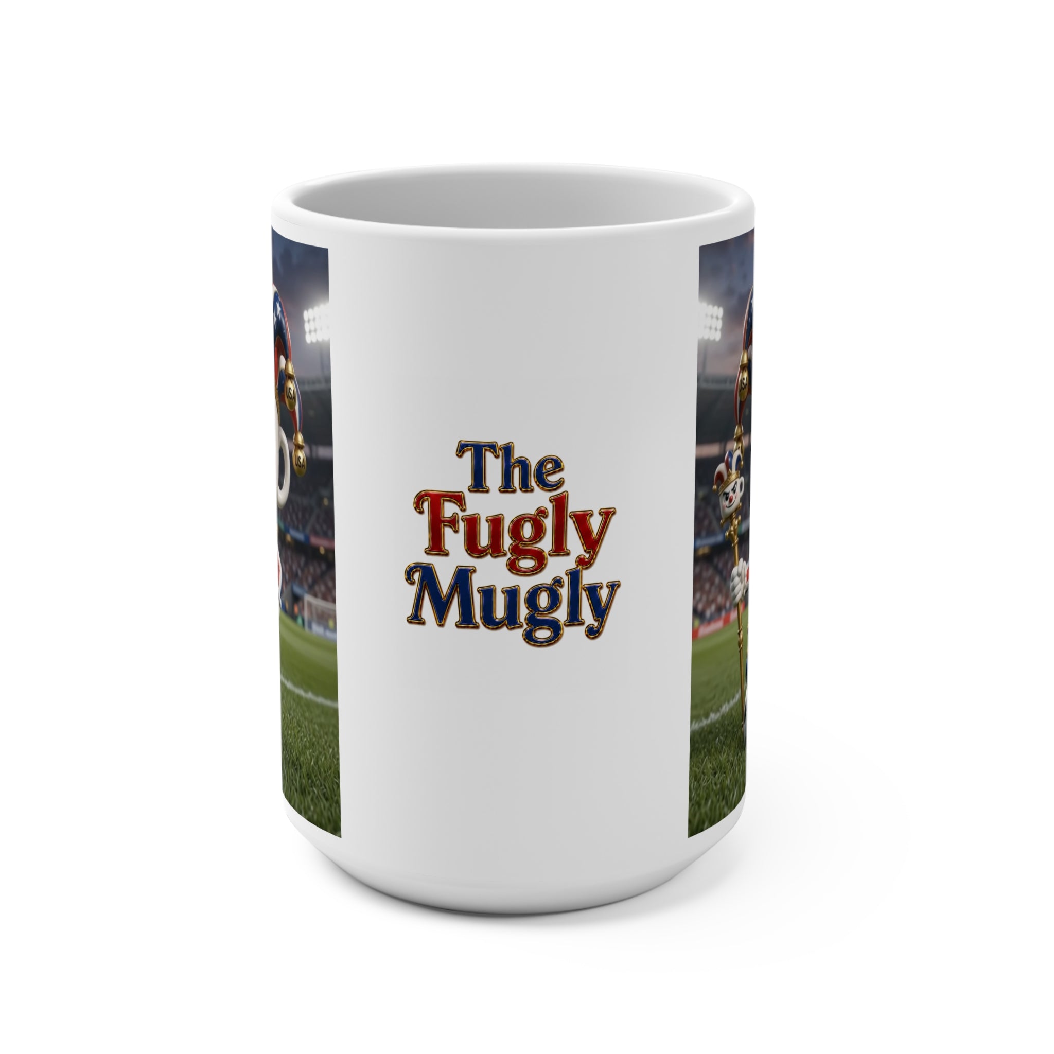 The Fugly Mugly™ USA Soccer Jester White Mug – Patriotic Soccer Fan Art Coffee Mug, American Football Stadium Inspired Collectible Mug