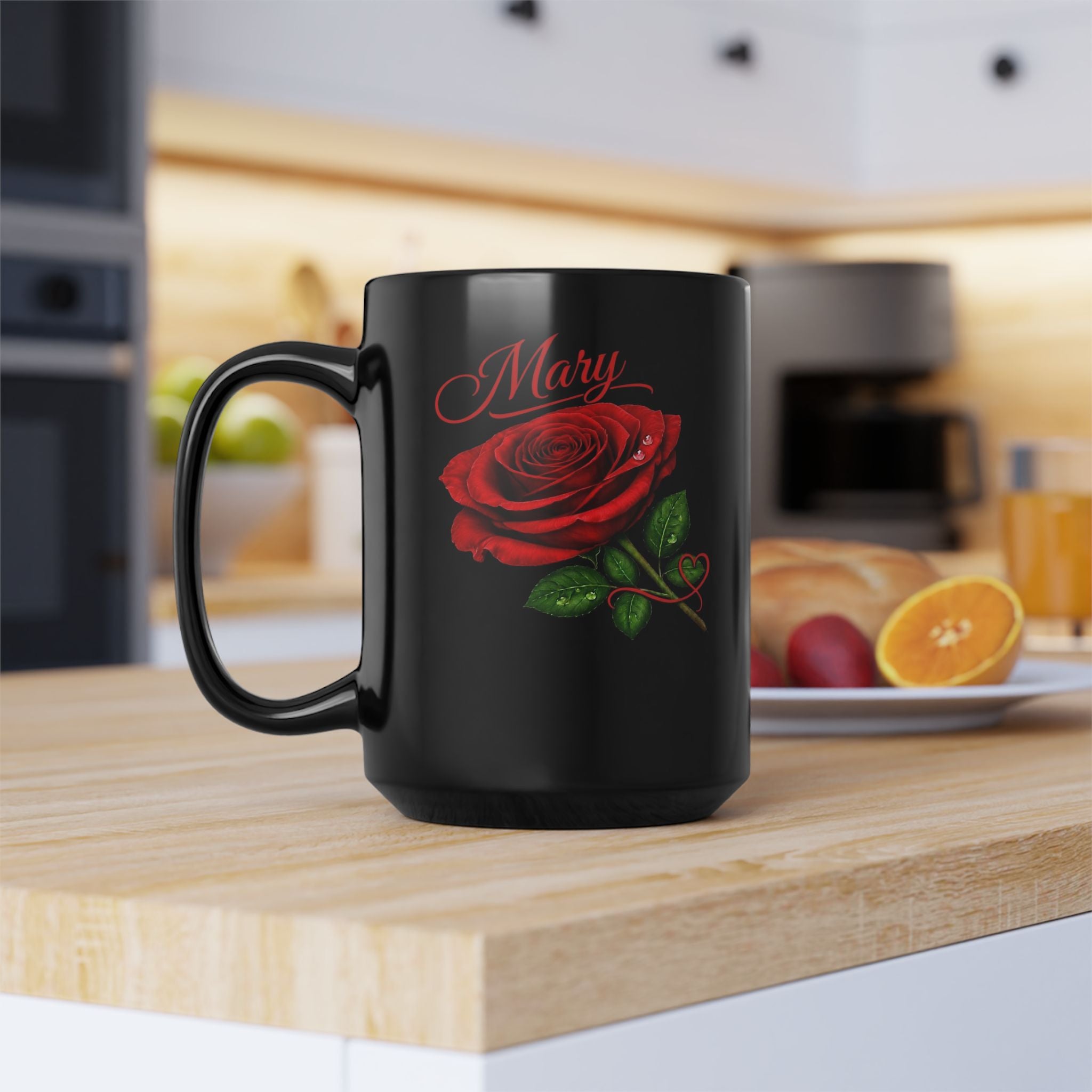 Mary Signature Rose Black Mug – Personalized Luxury Gift for Mom, Mother’s Day Elegant Keepsake