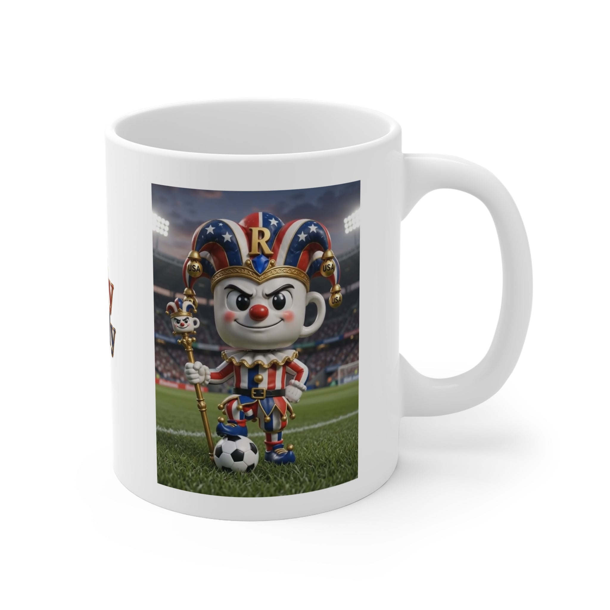 The Fugly Mugly™ USA Soccer Jester White Mug – Patriotic Soccer Fan Art Coffee Mug, American Football Stadium Inspired Collectible Mug