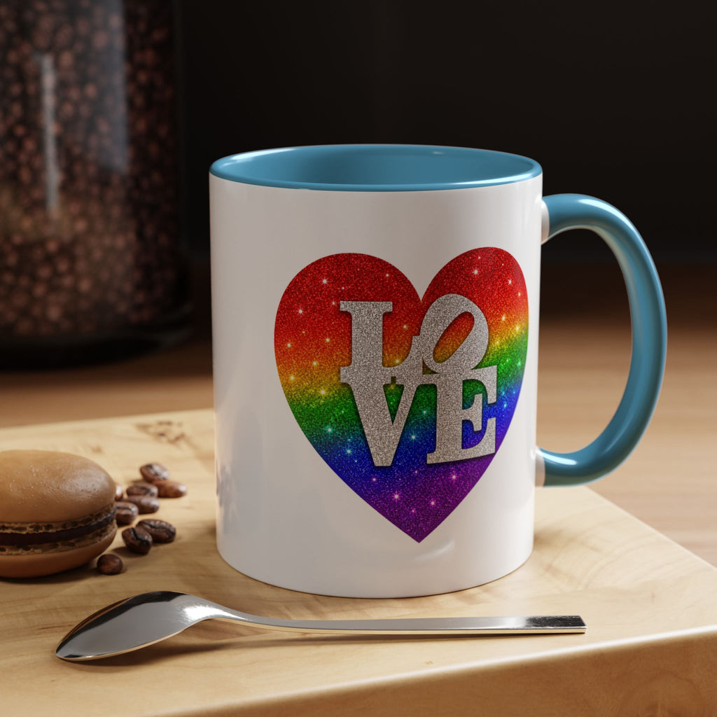 Rainbow LOVE Jewel Heart White Coffee Mug – Luxury Glitter Heart Mug | Premium Sparkling Rainbow LOVE Design