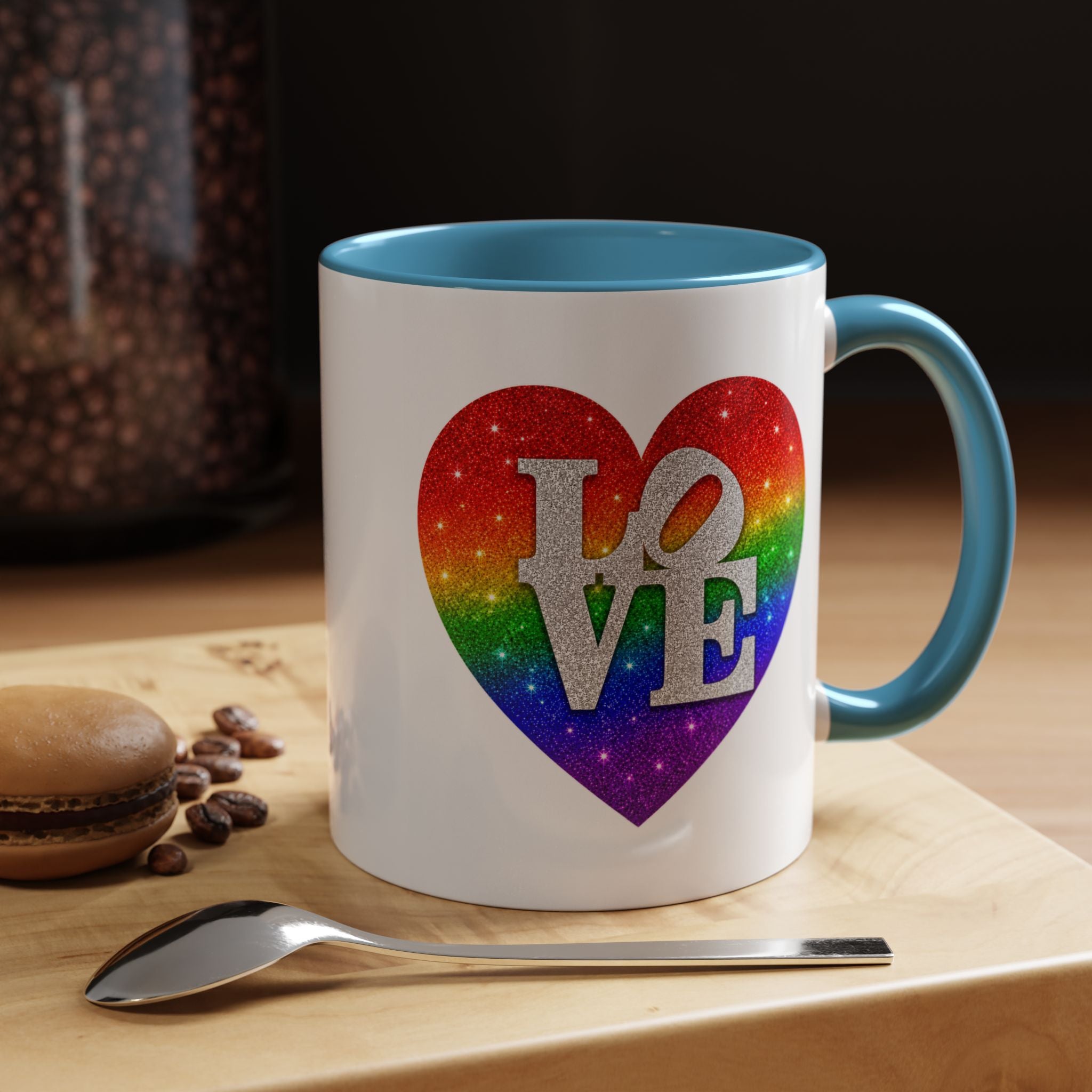 Rainbow LOVE Jewel Heart White Coffee Mug – Luxury Glitter Heart Mug | Premium Sparkling Rainbow LOVE Design