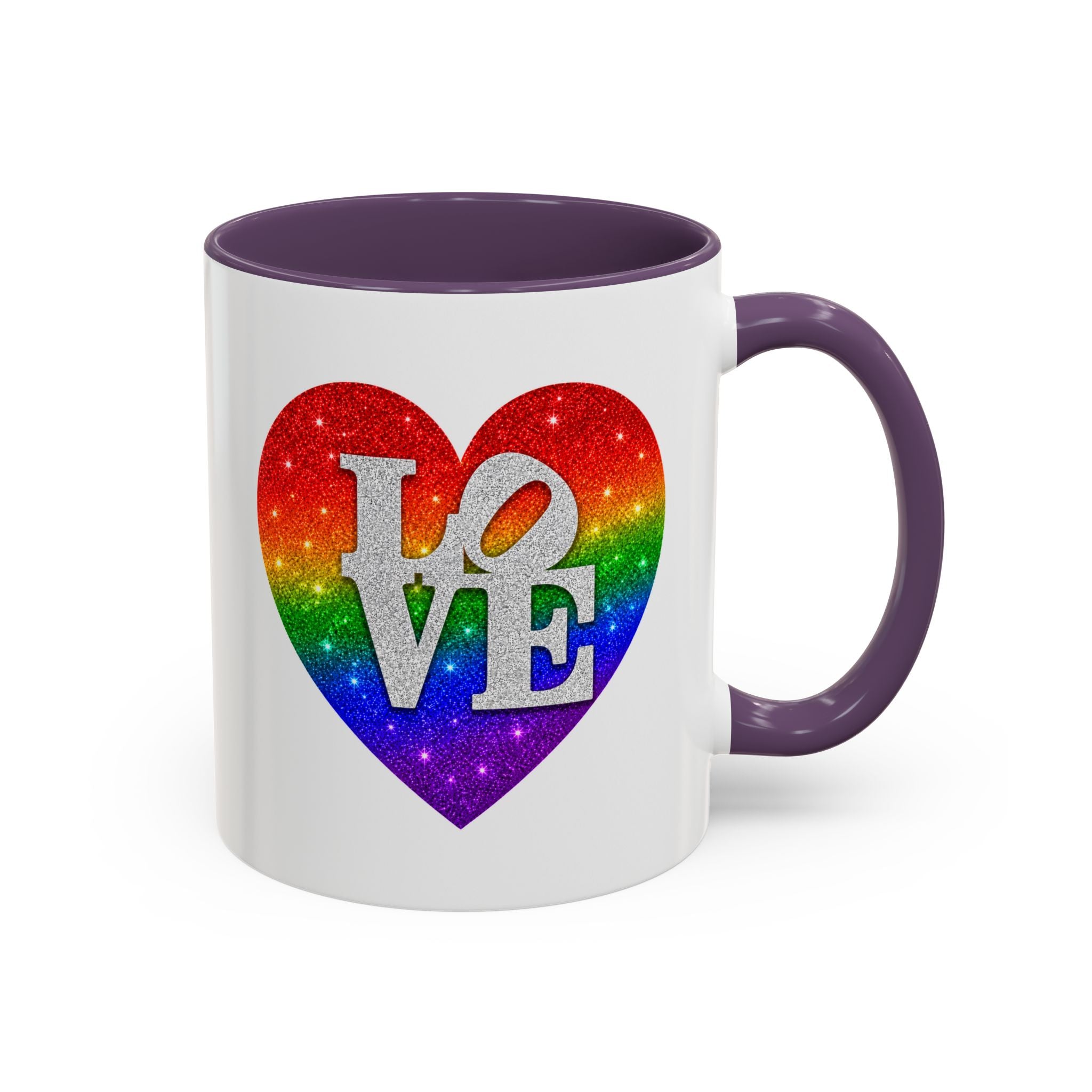 Rainbow LOVE Jewel Heart White Coffee Mug – Luxury Glitter Heart Mug | Premium Sparkling Rainbow LOVE Design