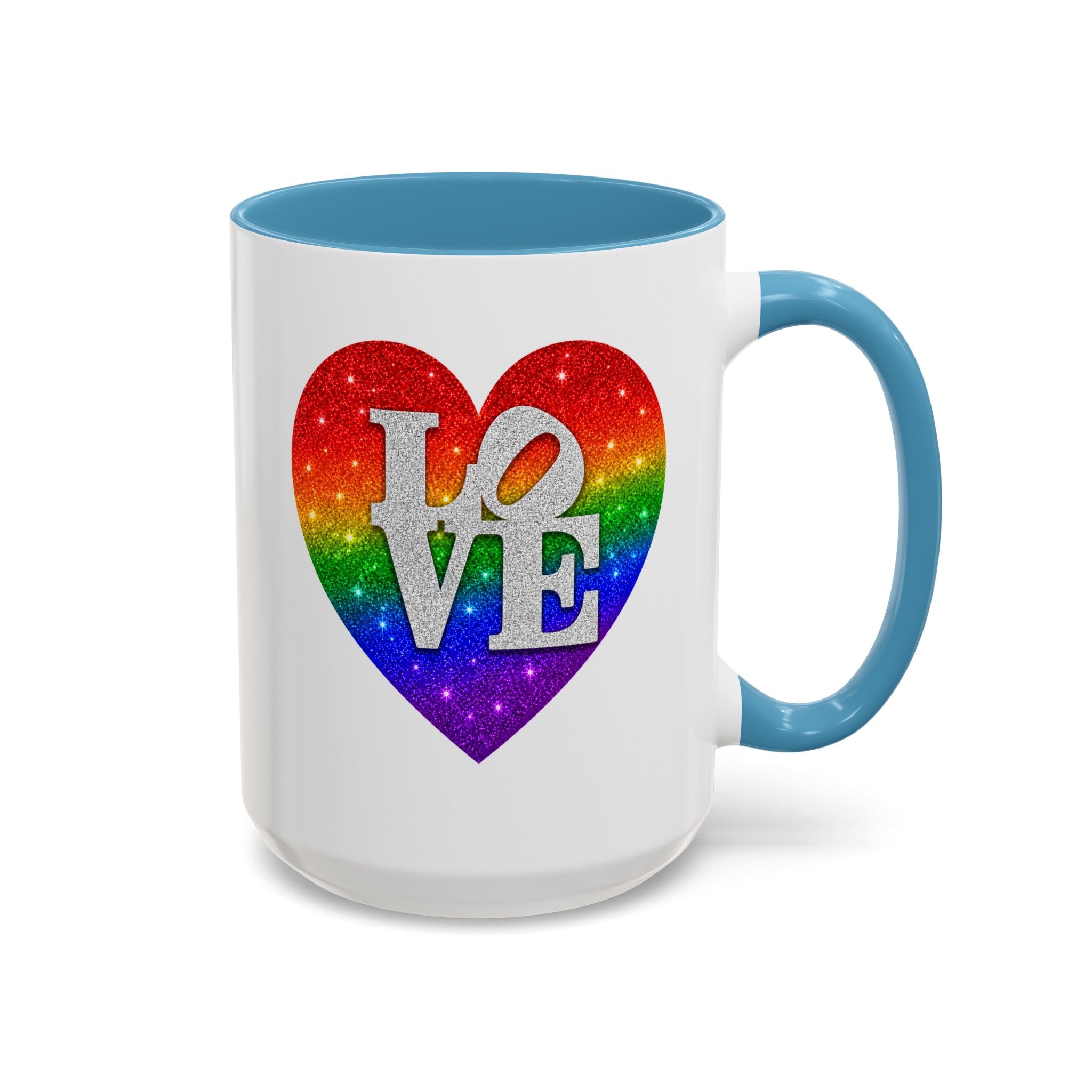 Rainbow LOVE Jewel Heart White Coffee Mug – Luxury Glitter Heart Mug | Premium Sparkling Rainbow LOVE Design