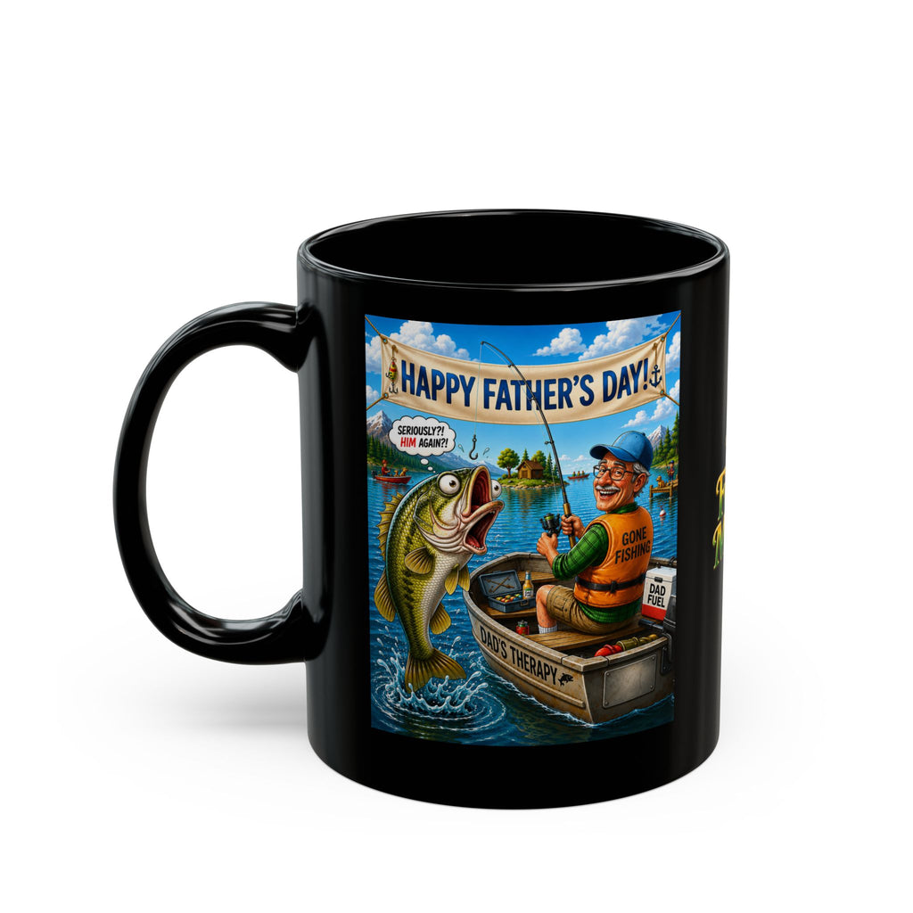 Funny Father’s Day Fishing Mug for Dad – “Dad’s Therapy” Premium Black Coffee Mug | Humorous Fisherman Gift for Dad | The Fugly Mugly™