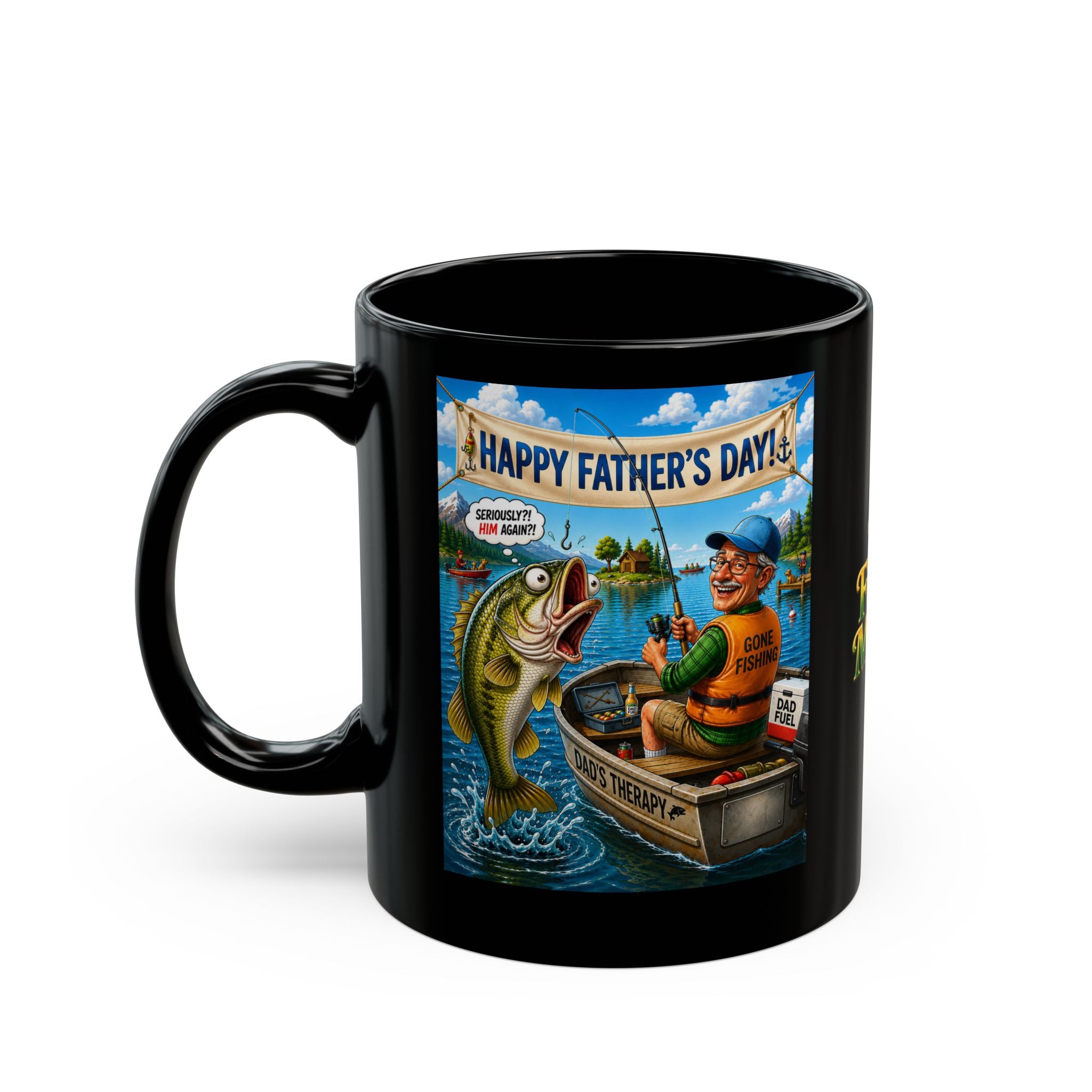 Funny Father’s Day Fishing Mug for Dad – “Dad’s Therapy” Premium Black Coffee Mug | Humorous Fisherman Gift for Dad | The Fugly Mugly™