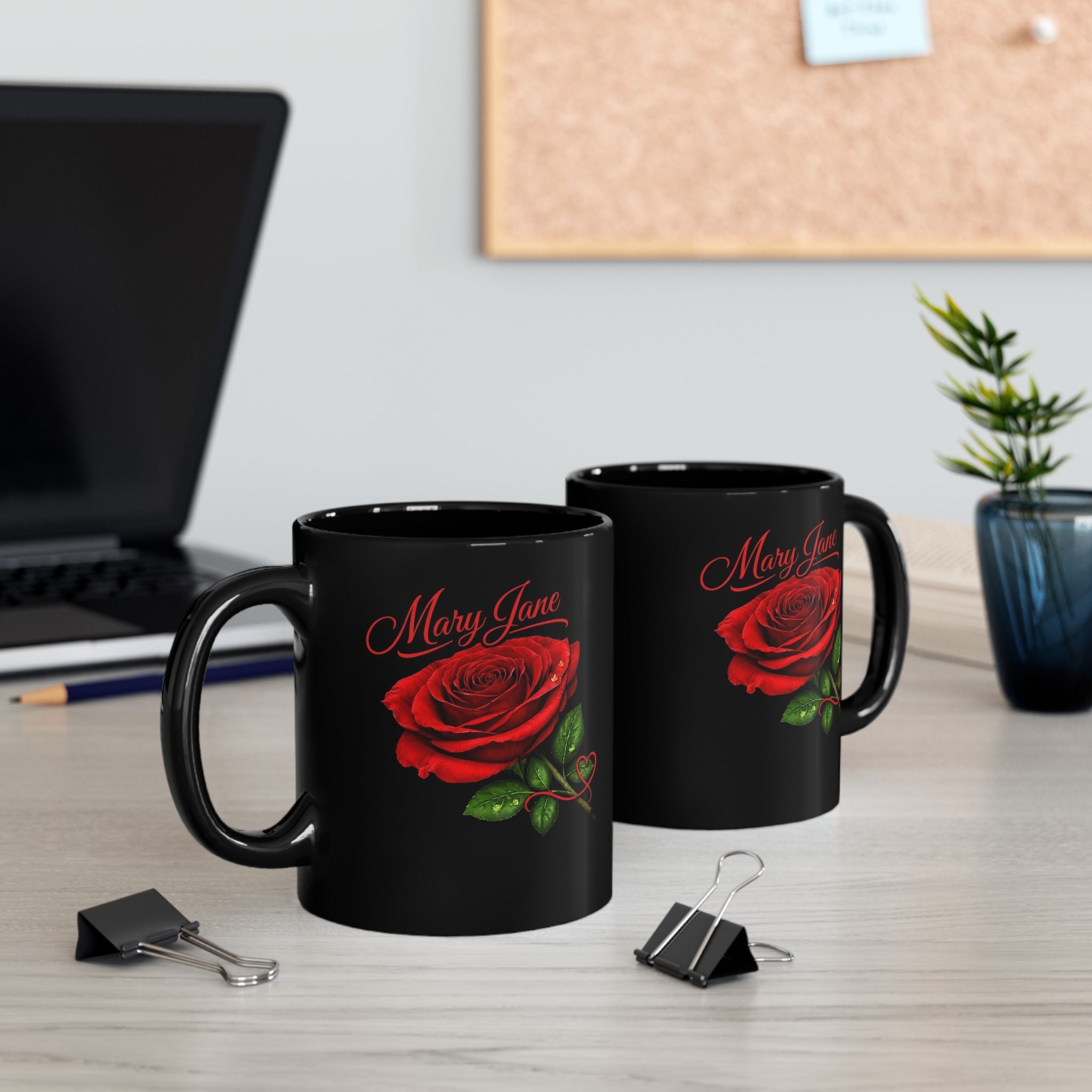 Mary Jane – A Name That Feels Familiar and Strong | Signature Rose Black Mug – Elegant Personalized Gift