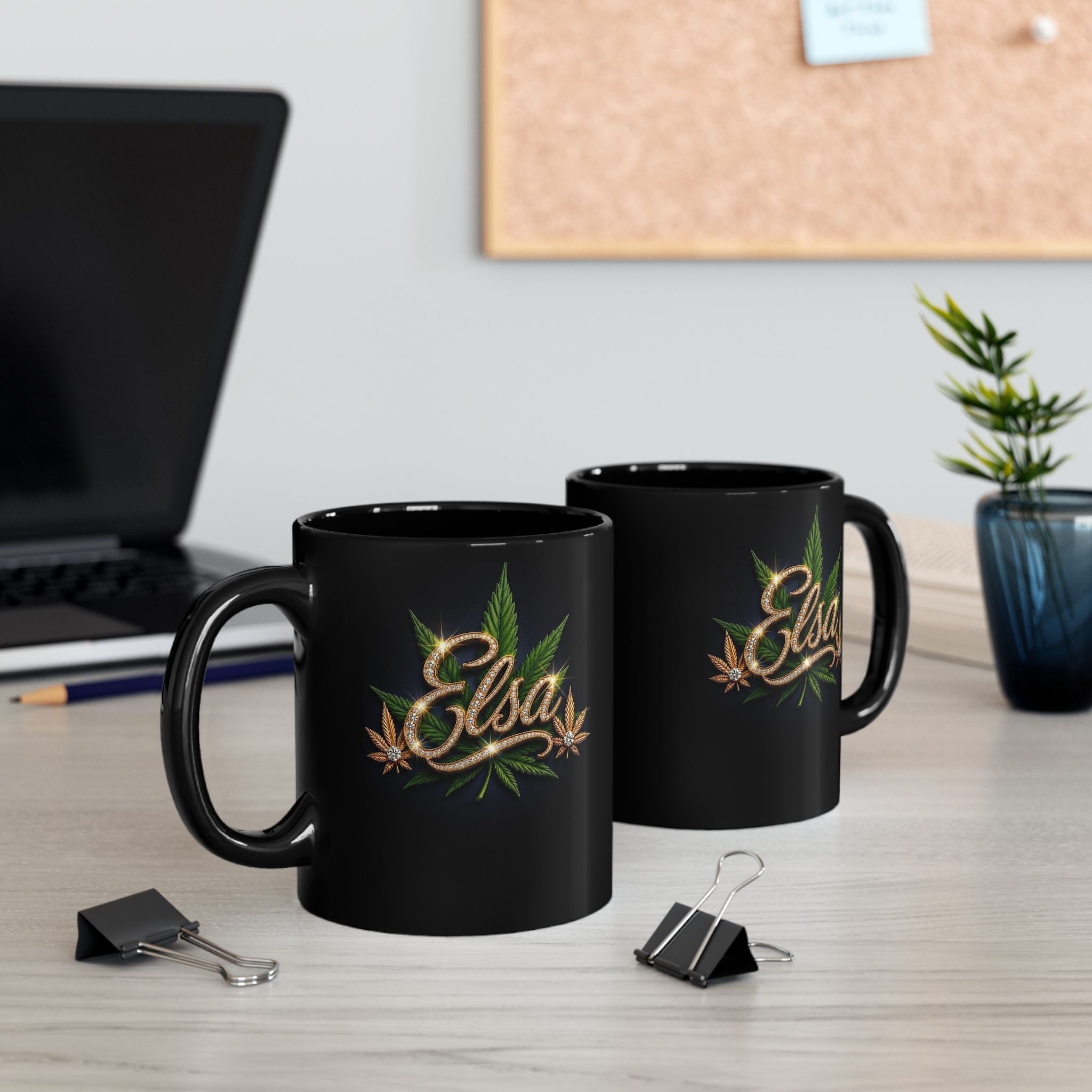 Elsa Emerald Royale – Diamond Gold Cannabis Leaf Luxury Black Ceramic Mug