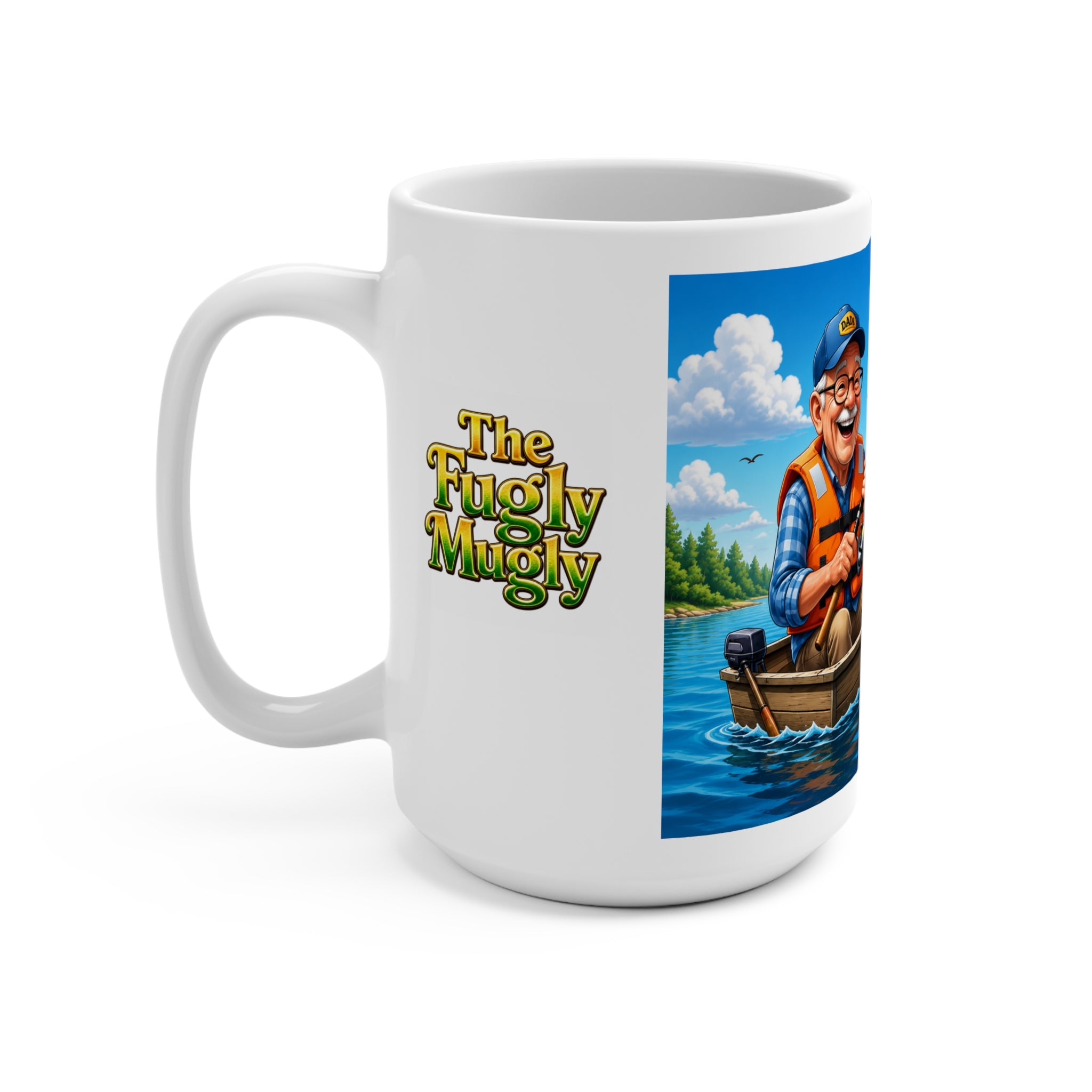 The Fugly Mugly™ Happy Fisherman White Mug | Fishing Artwork Coffee Mug