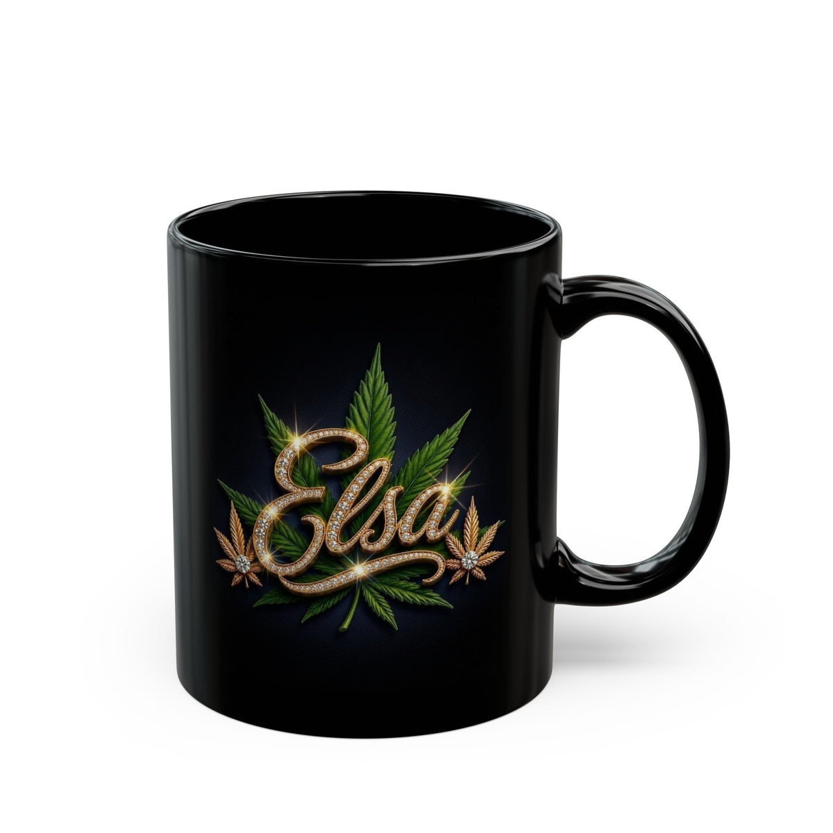 Elsa Emerald Royale – Diamond Gold Cannabis Leaf Luxury Black Ceramic Mug