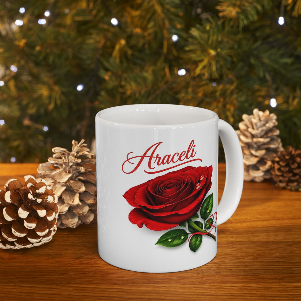 Araceli Signature Rose White Mug – Personalized Luxury Gift, Elegant Rose Coffee Mug, Premium Floral Keepsake