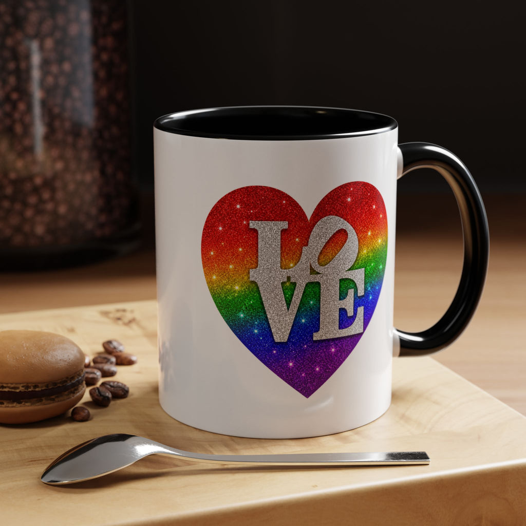 Rainbow LOVE Jewel Heart White Coffee Mug – Luxury Glitter Heart Mug | Premium Sparkling Rainbow LOVE Design