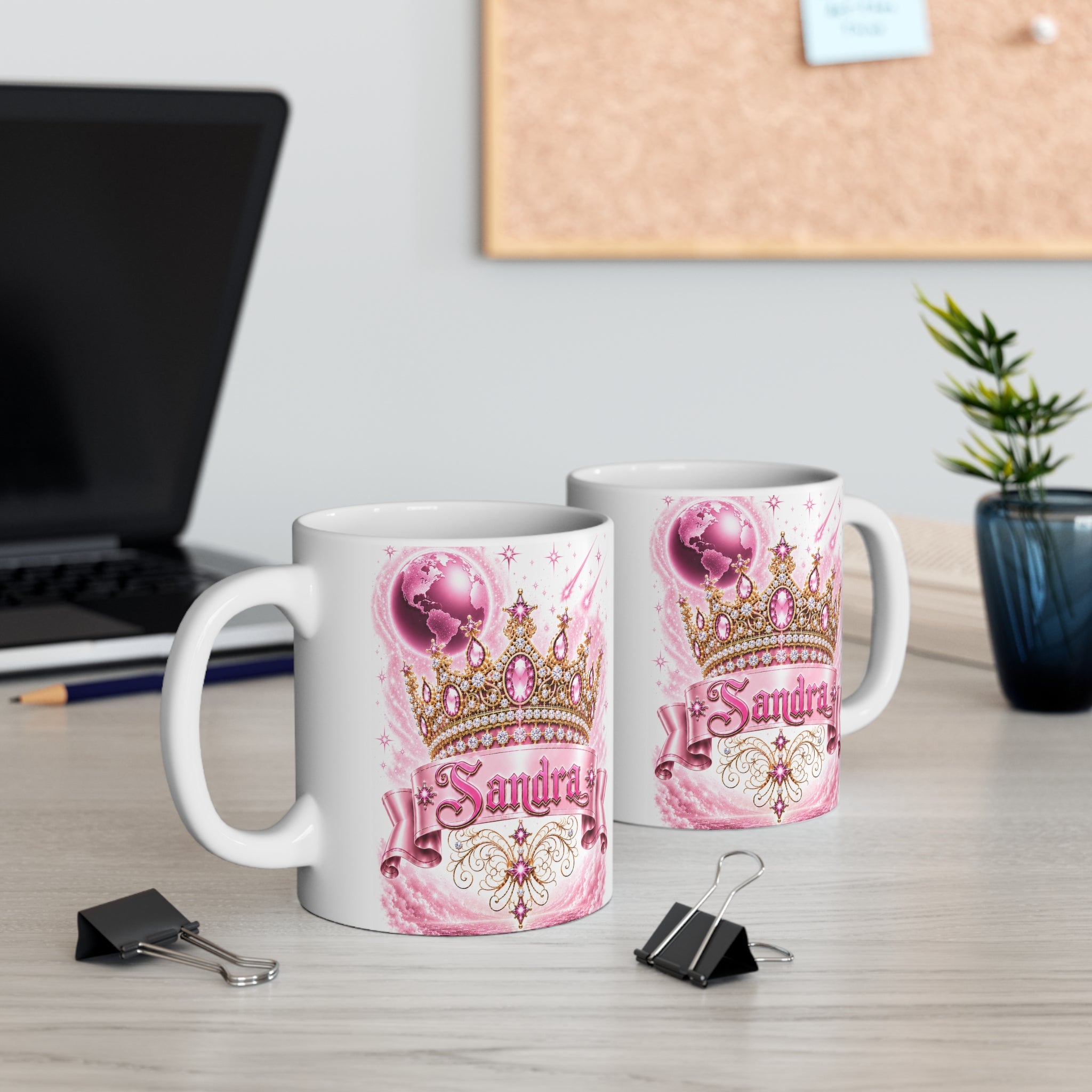 Sandra – The Pink Crown of Destiny™ | Personalized Royal Crown Mug | Luxury Pink Princess Coffee Mug | Custom Name Ceramic Gift | Elegant Fantasy Keepsake