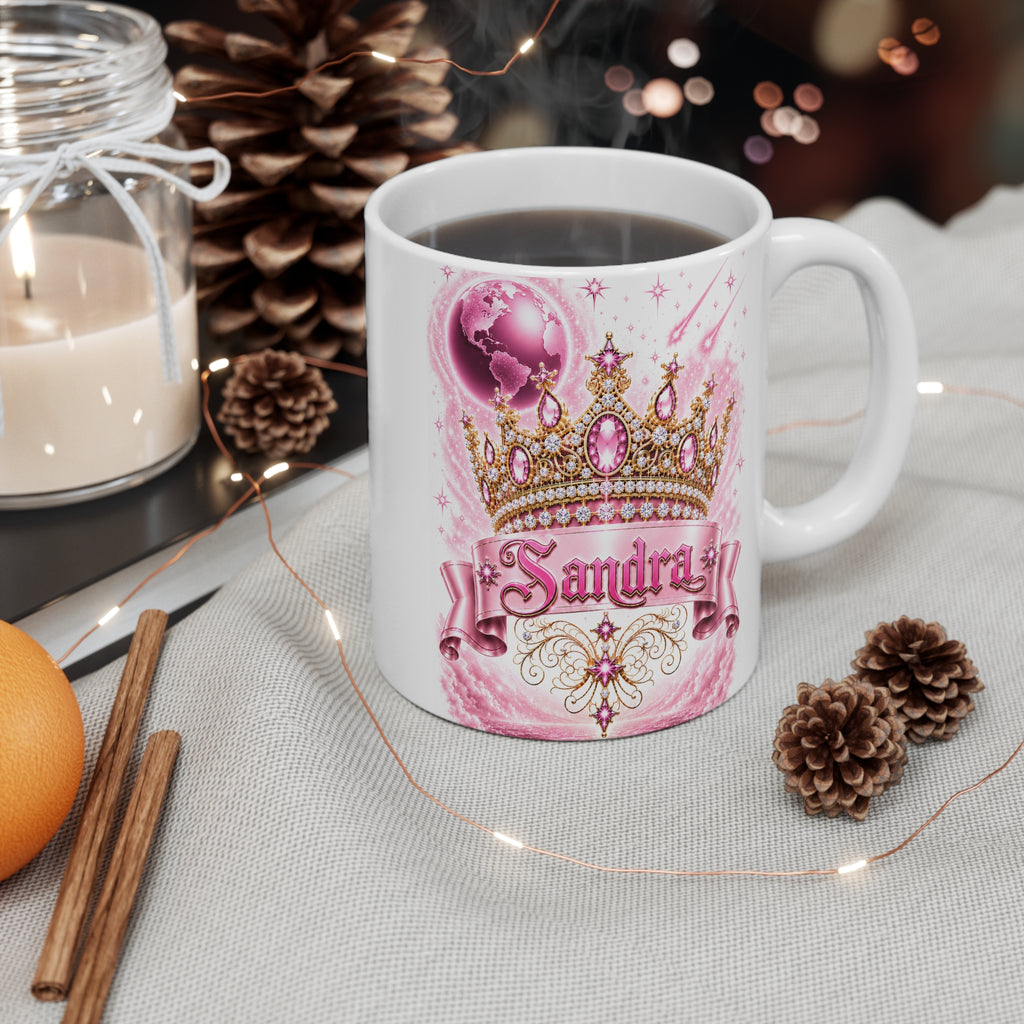 Sandra – The Pink Crown of Destiny™ | Personalized Royal Crown Mug | Luxury Pink Princess Coffee Mug | Custom Name Ceramic Gift | Elegant Fantasy Keepsake