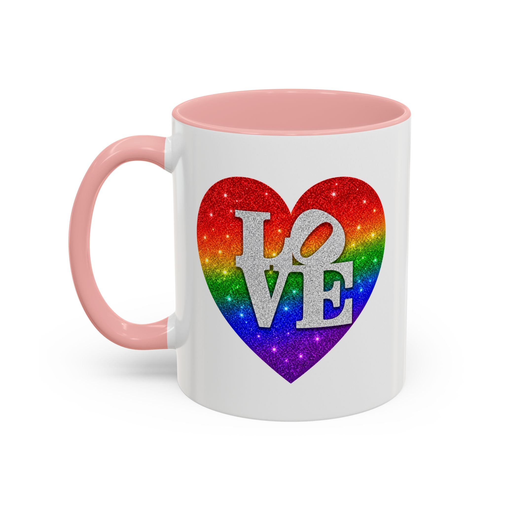 Rainbow LOVE Jewel Heart White Coffee Mug – Luxury Glitter Heart Mug | Premium Sparkling Rainbow LOVE Design