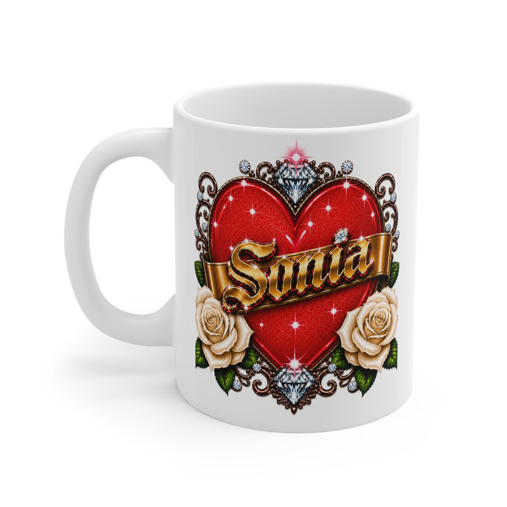 Sonia Personalized Heart & White Rose Luxury Coffee Mug – Elegant Custom Name Gift | Premium Ceramic Mug
