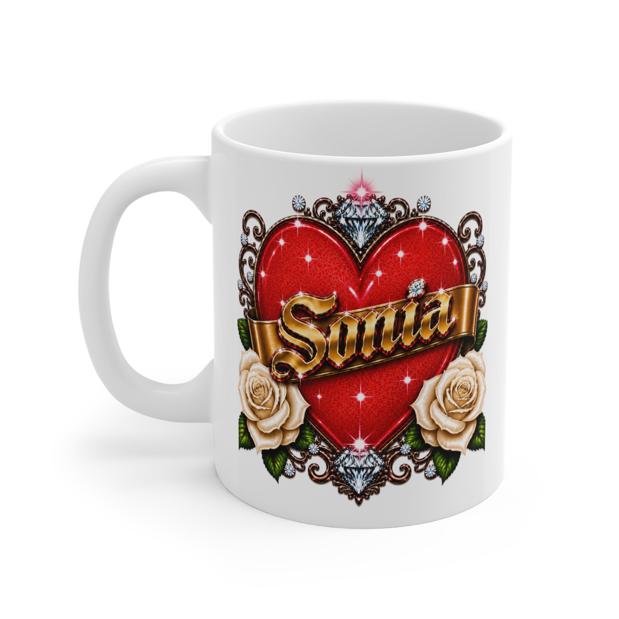 Sonia Personalized Heart & White Rose Luxury Coffee Mug – Elegant Custom Name Gift | Premium Ceramic Mug