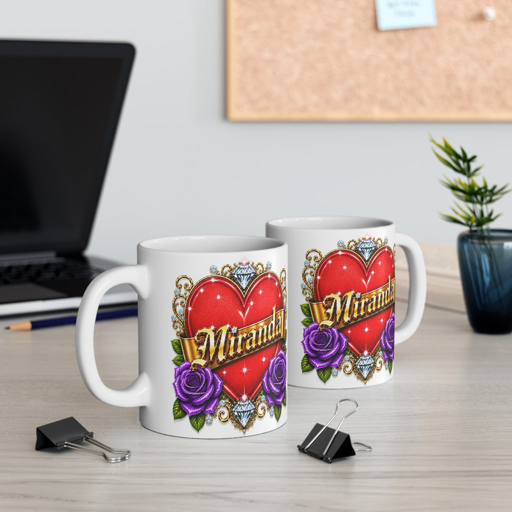 Miranda | The Heart of Devotion™ Luxury Personalized Rose Heart Mug | Romantic Custom Name Ceramic Coffee Mug
