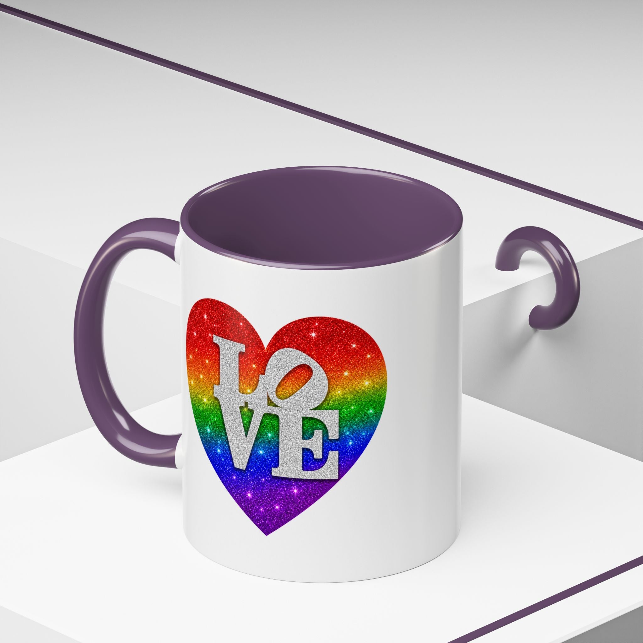 Rainbow LOVE Jewel Heart White Coffee Mug – Luxury Glitter Heart Mug | Premium Sparkling Rainbow LOVE Design