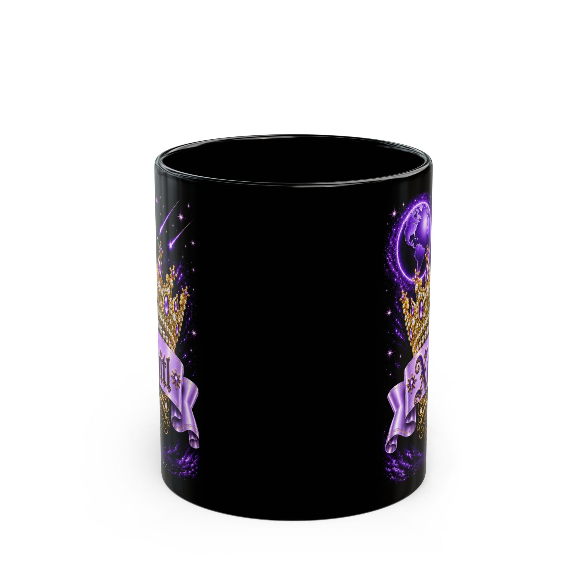 The Purple Crown of Destiny™ | Xochitl Personalized Royal Crown Mug | Luxury Celestial Fantasy Coffee Mug | Premium Black Ceramic Mug | The Fugly Mugly™