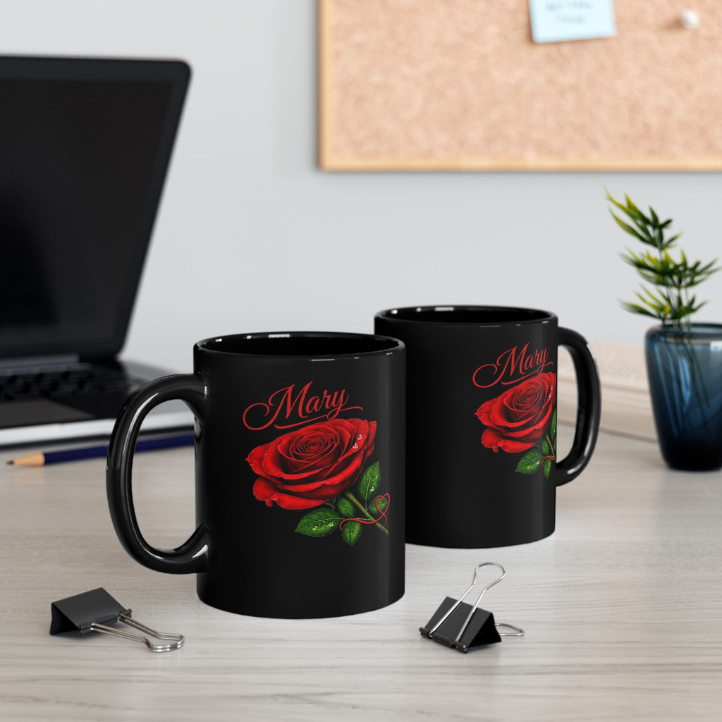 Mary Signature Rose Black Mug – Personalized Luxury Gift for Mom, Mother’s Day Elegant Keepsake