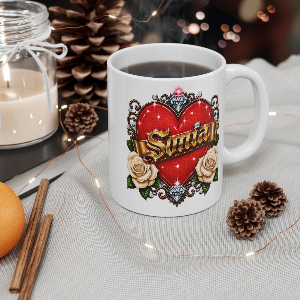 Sonia Personalized Heart & White Rose Luxury Coffee Mug – Elegant Custom Name Gift | Premium Ceramic Mug
