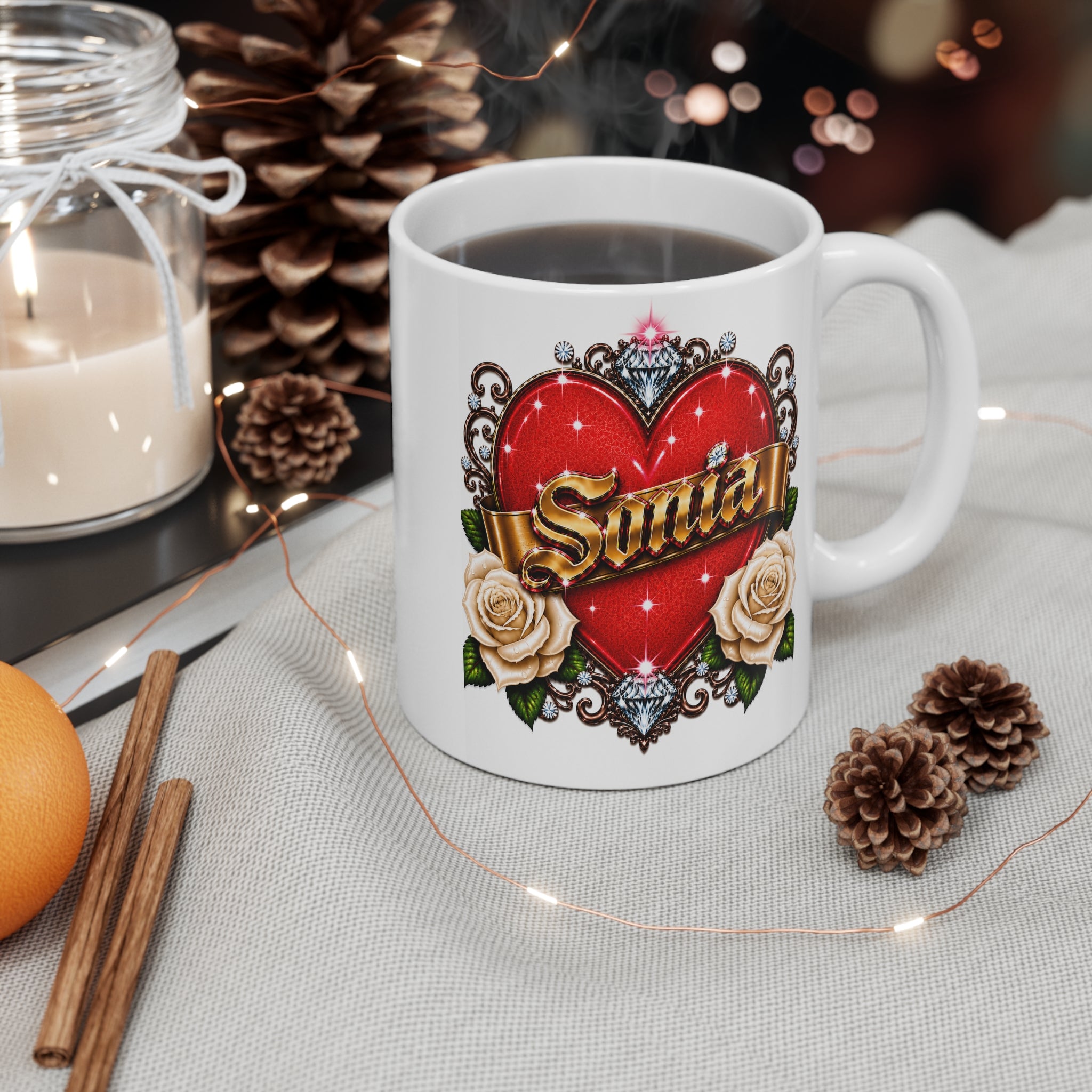 Sonia Personalized Heart & White Rose Luxury Coffee Mug – Elegant Custom Name Gift | Premium Ceramic Mug