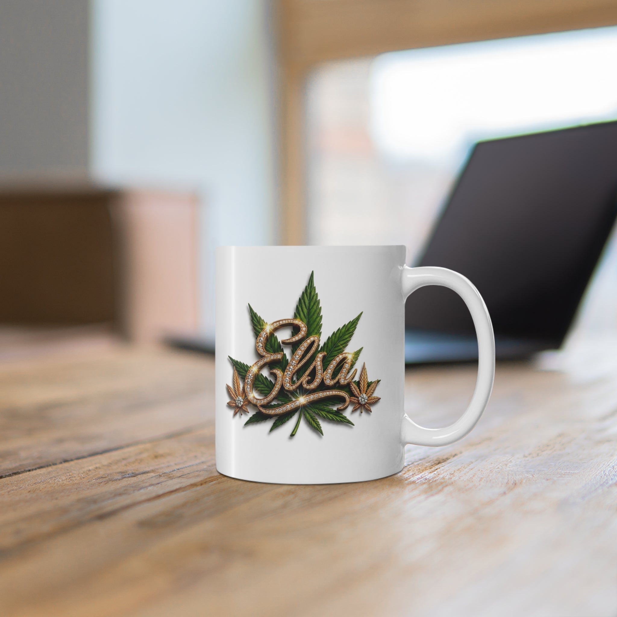 Elsa Emerald Royale – Diamond Gold Cannabis Leaf Luxury White Ceramic Mug