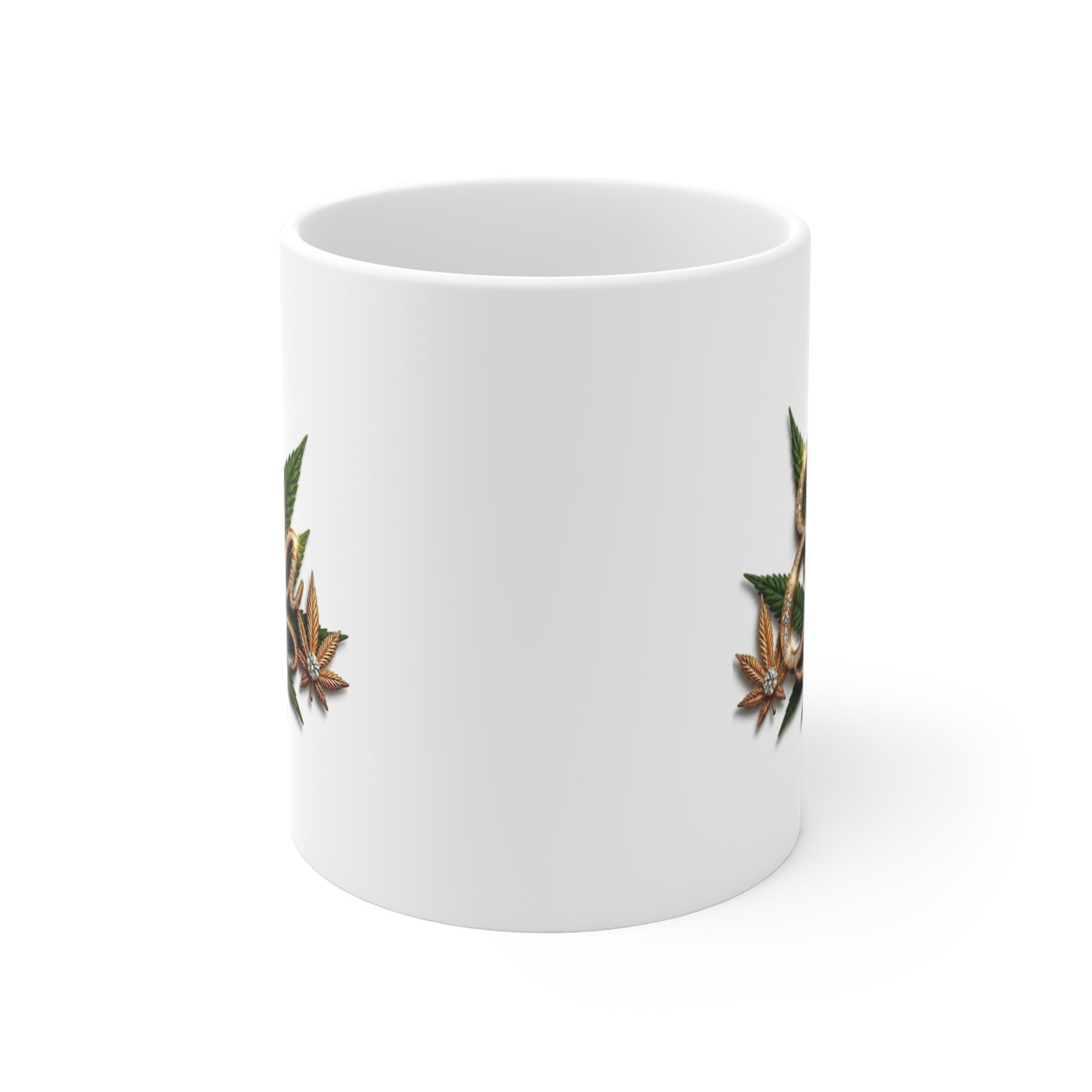 Elsa Emerald Royale – Diamond Gold Cannabis Leaf Luxury White Ceramic Mug